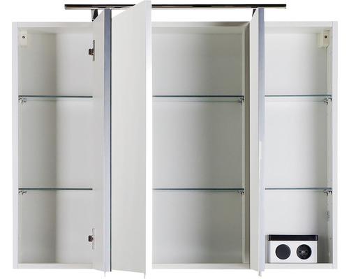 Offener Spiegelschrank mit Glasablagen und Steckdose