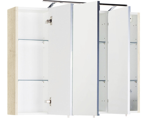 Offener Spiegelschrank mit Glasböden und drei Türen