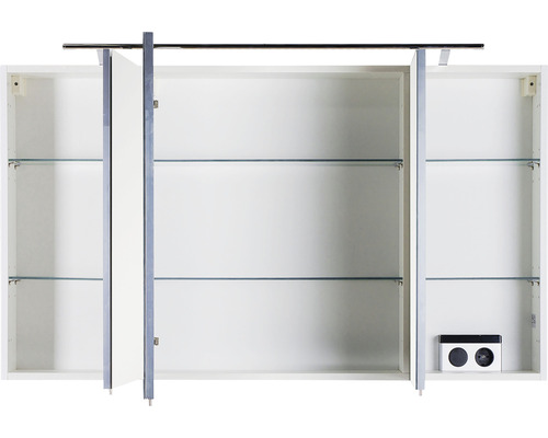 Offener Spiegelschrank mit Glasböden und Steckdose