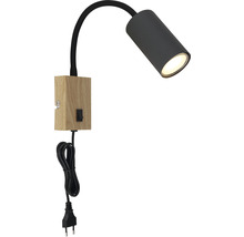 Wandleuchte mit flexiblem Arm, Holzsockel und Schalter
