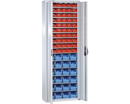 Magazinschrank Pro-Line A mit 84 Sichtlagerkästen grau 700x1980x300 mm 2 Türen Werkstattschrank mit roten und blauen Lagerboxen