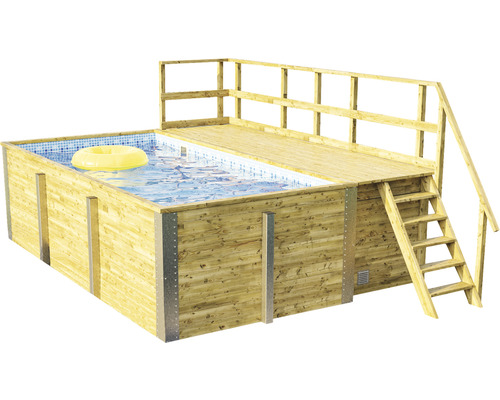 Aufstellpool Holzpool-Set Weka 595 rechteckig 490x315x201 cm inkl. Bodenschutzvlies, Filteranlage, Filtersand, Innenauskleidung blau/weiß-0