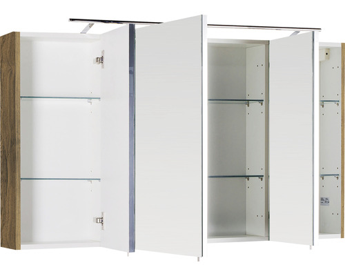 Offener Spiegelschrank mit Glasablagen und Holzstruktur