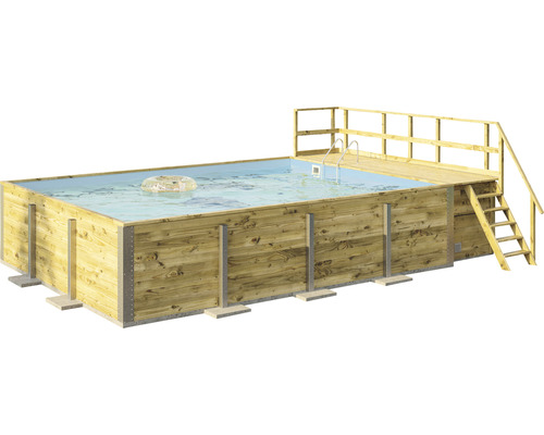 Aufstellpool Holzpool-Set Weka 595 rechteckig 650x490x201 cm inkl. Bodenschutzvlies, Filteranlage, Filtersand, Innenauskleidung blau