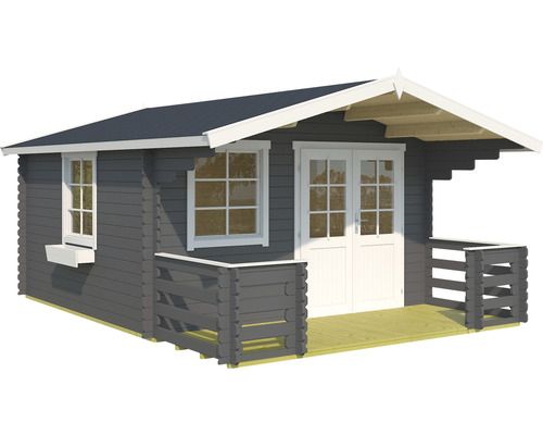 Graues Holzgartenhaus mit Veranda, Fenstern und Doppeltür