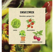 Illustration zeigt verschiedene Anwendungsbereiche: Gemüse, Fruchtgemüse, Kräuter und Beerensträucher.