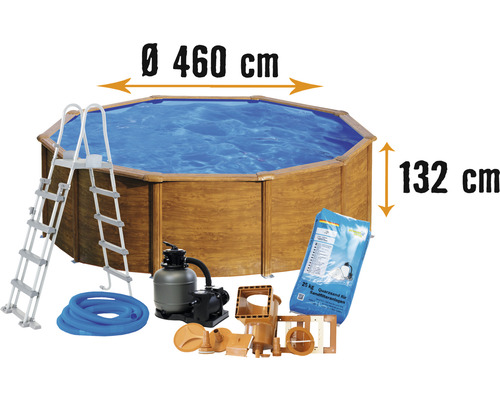 Aufstellpool Stahlwandpool-Set Planet Pool rund Ø 460x132 cm inkl. Sandfilteranlage, Einbauskimmer, Leiter, Filtersand & Anschlussschlauch Holzoptik
