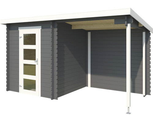 Holzgartenhaus mit Überdachung und Fenstertür