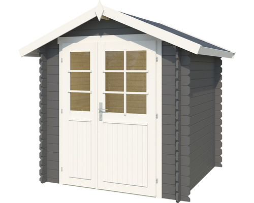 Graues Gartenhaus mit Doppeltür und Fenstern
