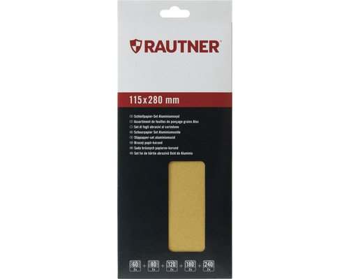 RAUTNER Schleifpapier für Handschleifer Schwingschleifer Aluminiumoxid, 115 x 280 mm, Korn 60 80 120 180 240, Ungelocht, 10 Stück Schleifpapierset Aluminiumoxyd der Größe 115x280 mm