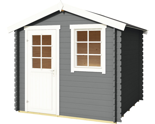 Graues Gartenhaus mit Fenster und Tür