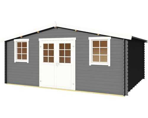 Graues Holz Gartenhaus mit weißen Fenstern und Türen.