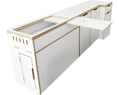 Weißer Küchenblock mit Spüle, Tür und Schubladen