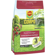 COMPO Rasendünger plus Unkrautvernichter 12 Kilogramm für 400 Quadratmeter mit 3 Monaten Langzeitwirkung.