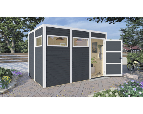 Gartenhaus mit Fenster und offener Tür