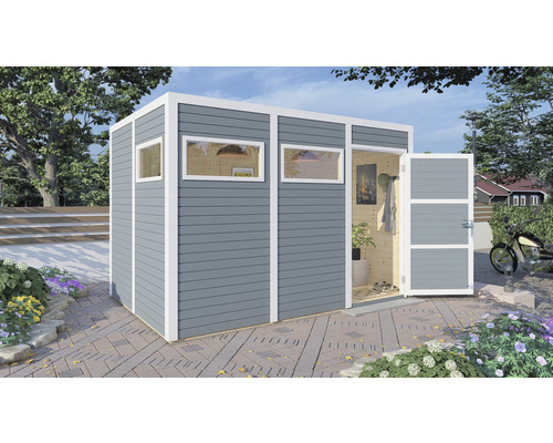Gartenhaus Cubo 3 mit Fußboden 337 x 240 cm hellgrau exclusiv bei Hornbach Holzgartenhaus mit Fenstern und geöffneter Tür im Garten