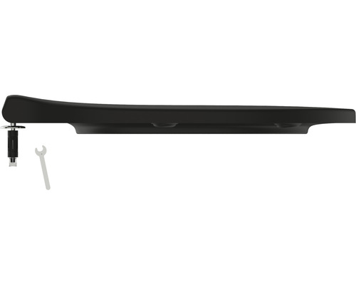 Schwarzer WC-Sitz mit Befestigungsmaterial und Schraubenschlüssel