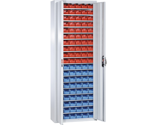 Magazinschrank Pro-Line A mit 114 Sichtlagerkästen grau 700x1980x300 mm 2 Türen Offener Werkzeugschrank mit roten und blauen Aufbewahrungsbehältern.