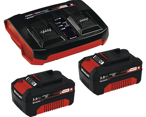 Akku Starter Set Einhell Power X-Change 2 x Akkus (3.0Ah) und Twincharger Ladegerät Einhell Power X-Twincharger und zwei 3.0 Ah Lithium-Ionen-Akkus