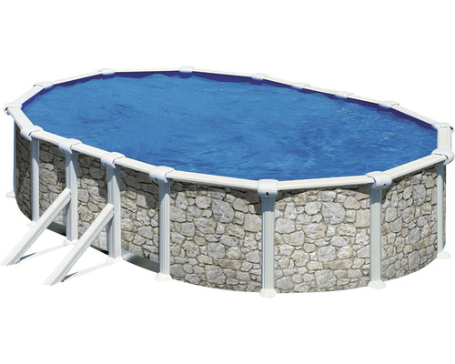 Aufstellpool Stahlwandpool-Set Planet Pool oval 500x300x120 cm inkl. Sandfilteranlage, Einbauskimmer, Leiter, Filtersand & Anschlussschlauch Steinoptik