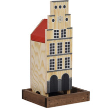 Vogelhaus im Stil eines Giebelhauses mit rotem Dach und Holzfuß