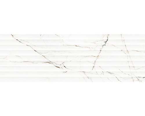 Steingut Dekorfliese Torano 33,3x100 cm weiß glänzend rektifiziert Weiße Wandfliese mit Marmoroptik und horizontalem Rillenmuster