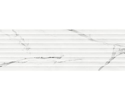 Steingut Dekorfliese Cellini 33,3x100 cm grau glänzend rektifiziert Dekorative Wandfliese mit horizontalen Rillen und Marmoroptik