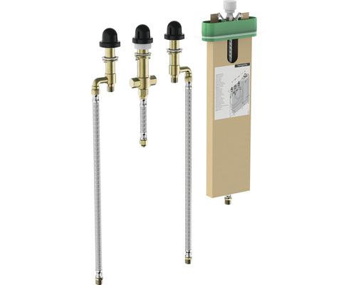 Unterputz-Grundkörper hansgrohe 13440180 für 4-Loch Wannenrandarmatur messing Drei Eckventile und ein Unterputzkörper für Sanitärinstallationen.