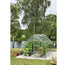 Gewächshaus mit Pflanzen im Garten am See