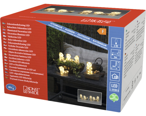 Verpackung einer LED-Dekorationsbeleuchtung von Konstsmide mit Teddybären-Motiv für den Außenbereich