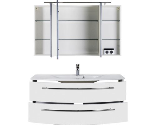 Weißer Waschtischunterschrank mit Waschbecken und Spiegelschrank