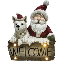 Dekofigur mit Weihnachtsmann, Hund und Willkommensschild