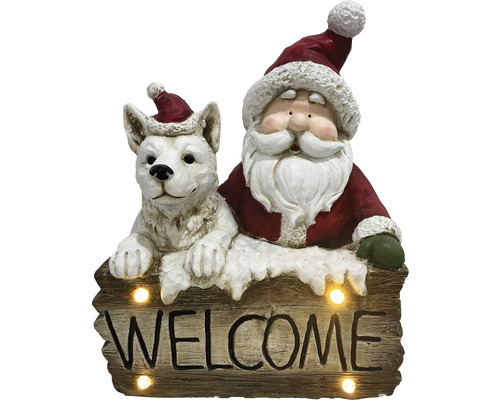 Dekofigur mit Weihnachtsmann, Hund und Willkommensschild