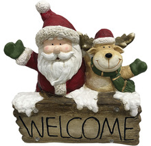 Dekofigur mit Weihnachtsmann, Rentier und Willkommensgruß