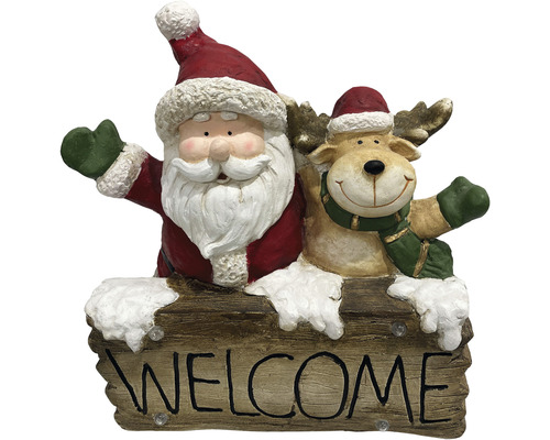 Dekofigur mit Weihnachtsmann, Rentier und Willkommensgruß