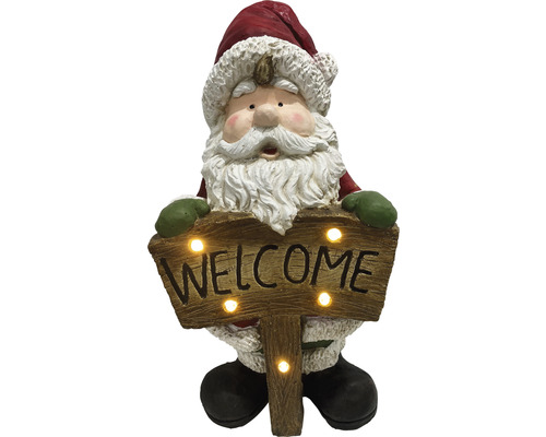 Weihnachtsmannfigur mit Willkommensschild und Beleuchtung