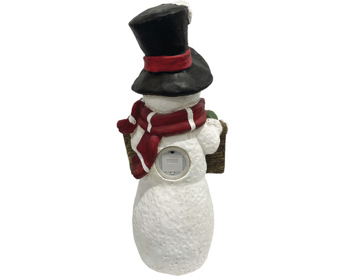 Rückansicht einer Schneemannfigur mit Hut und Schal