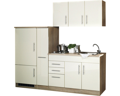Einbauküche mit Spüle, Kochfeld, Kühlschrank und Hängeschränken