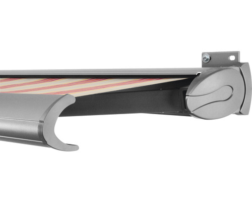 SOLUNA Kassettenmarkise Exclusiv 4x2,5 Stoff Dessin 8430 Gestell Silber E6EV1 eloxiert Antrieb rechts inkl. Motor und Wandschalter