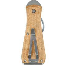 Rückansicht eines Tapezierwerkzeugs mit Holzgriff und Metallapplikationen