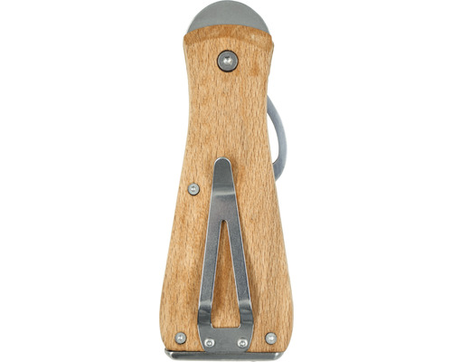 Rückansicht eines Tapezierwerkzeugs mit Holzgriff und Metallapplikationen