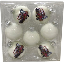 Sieben Christbaumkugeln mit Weihnachtsmann-Motiv in einer Verpackung