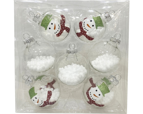 Sieben Christbaumkugeln mit Schneemannmotiven in transparenter Verpackung