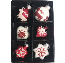 Set mit sechs Christbaumkugeln in verschiedenen Formen mit Hirsch- und Schneeflockenmotiven