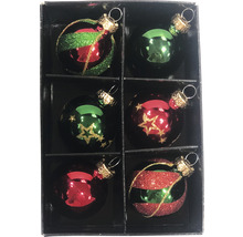 Sechs Christbaumkugeln mit verschiedenen Mustern in einer Verpackung