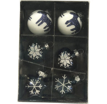 Set mit sechs Christbaumkugeln mit Rentier und Schneeflocke