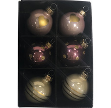 Sechs Christbaumkugeln mit verschiedenen Designs im Karton