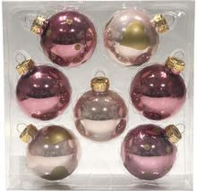 Sechs Christbaumkugeln mit Dekor in einer transparenten Verpackung.
