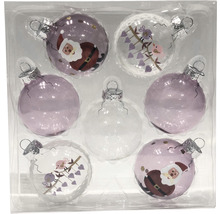 Sechs Christbaumkugeln mit Santa Claus und Vogelmotiven im Set