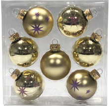 Sechs Christbaumkugeln mit Sternmotiven in einer Verpackung